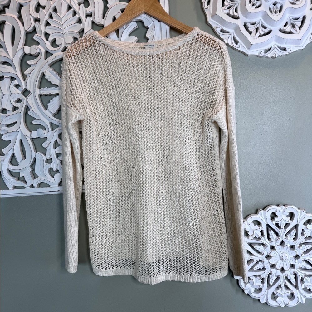 Sundance Open Chunky Knit Mesh Front Cream Pullover Sweater Small
